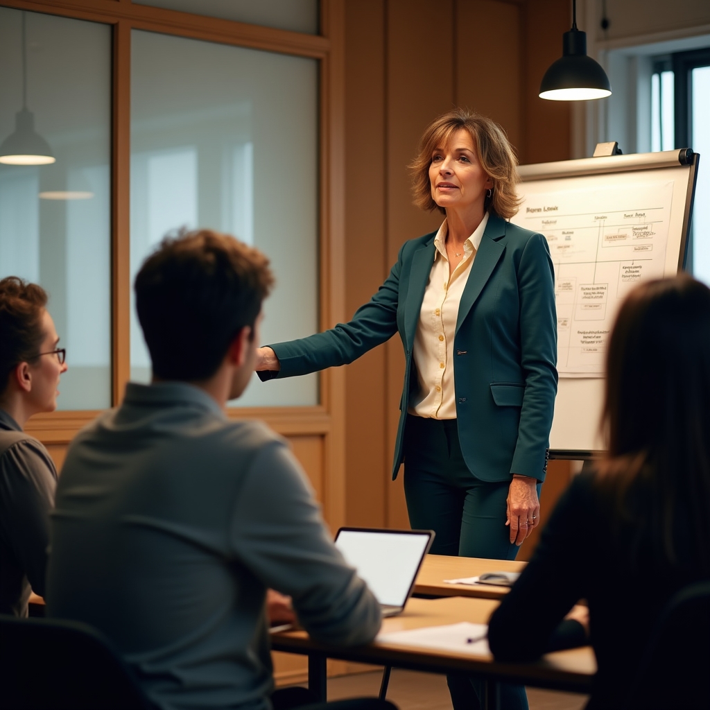 Prowadząca kurs komunikacji tłumaczy techniki aktywnego słuchania uczestnikom szkolenia